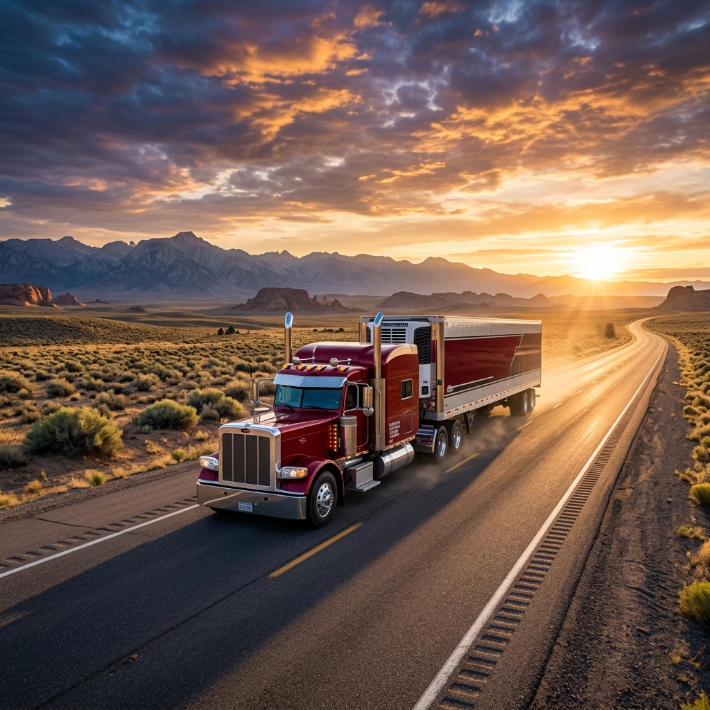 Powerful semi-truck driving on open highway at sunrise